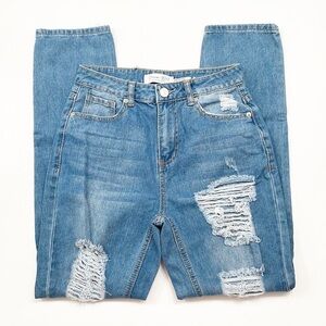 Denim Blvd medium wash high rise distressed denim jeans